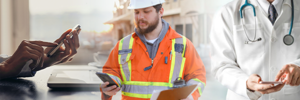 Collage of an office worker, field services worker and physician all using various smartphones.